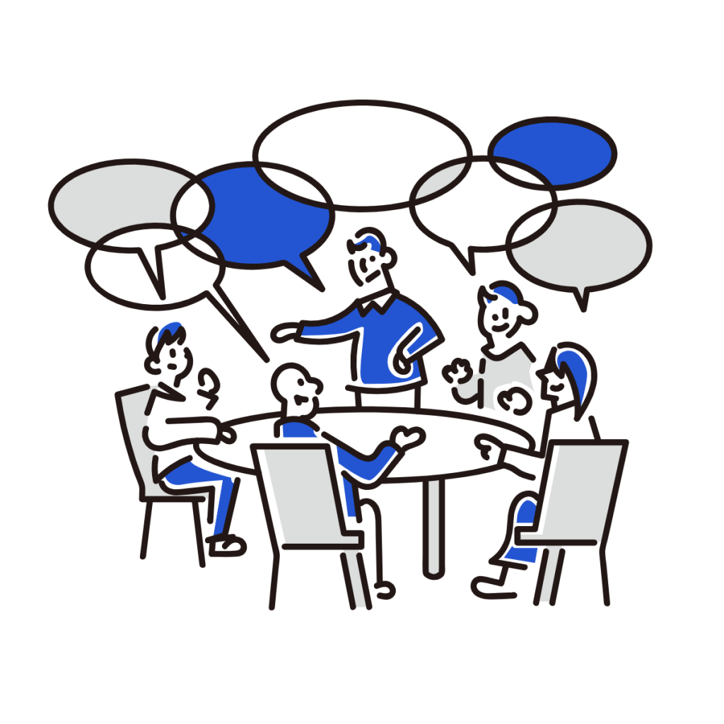 丸いテーブルを囲んで複数人が話し合っているイラスト。業務内容についてディスカッションをしている様子を表現。