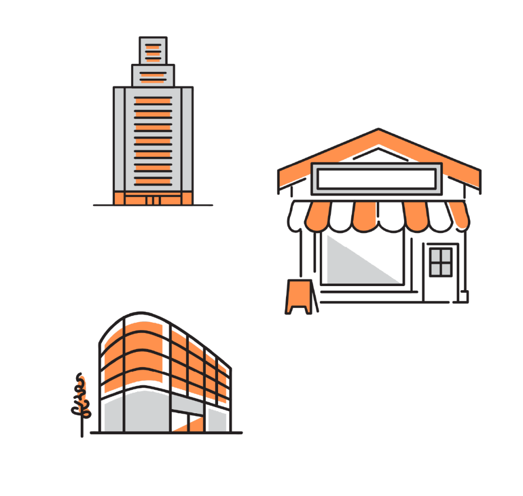複数の店舗、ビルのイラスト。雇用先としての選択肢の拡大を表現。