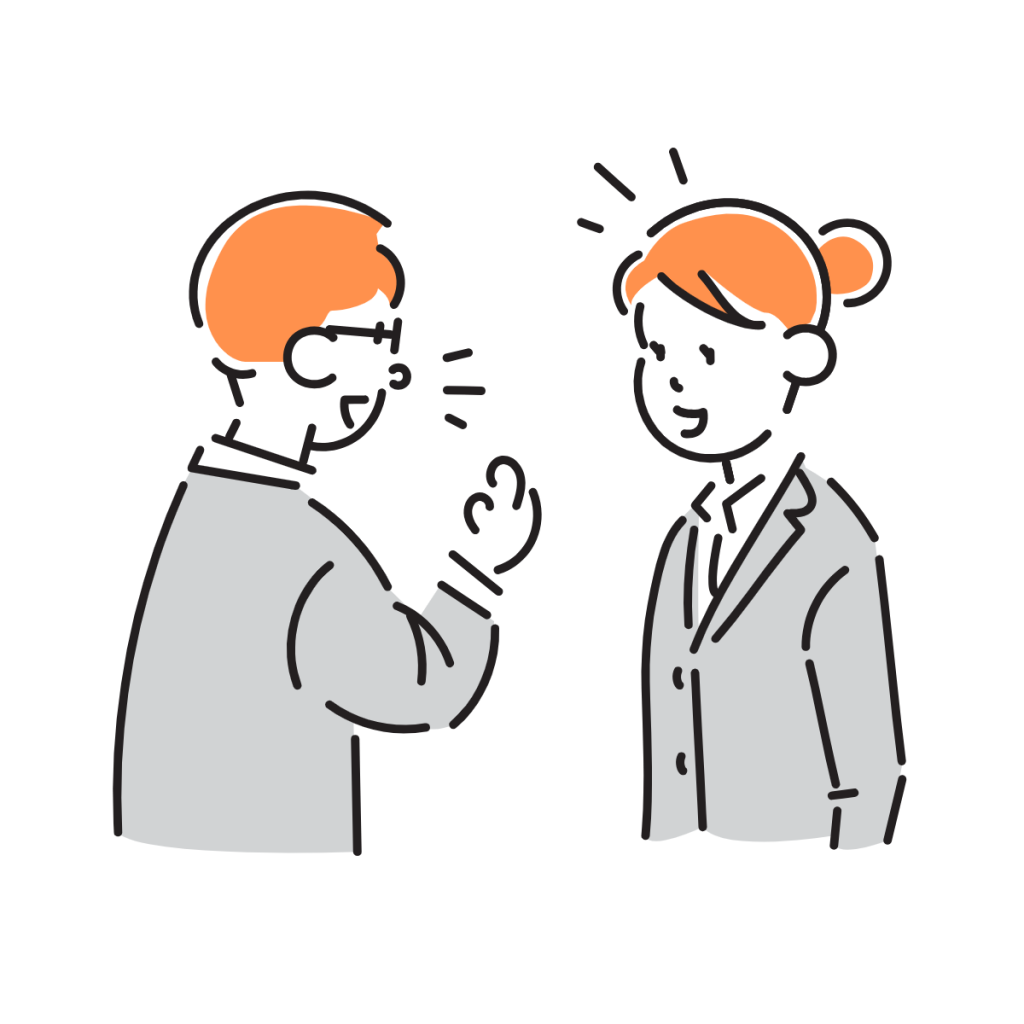 スーツ姿の男女が向かい合って会話をしているイラスト。担当者が就労希望者の相談にのっている場面を表現。